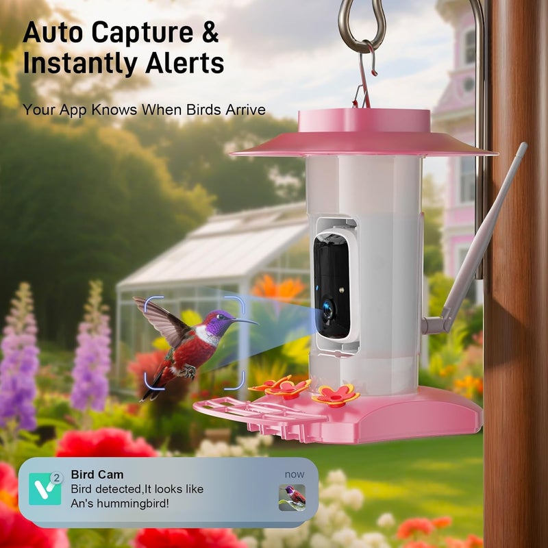 SV3C Hummingbird Feeder with Camera Outdoor, Hanging Bird Feeder with Ant Moat & Bee-Proof, HD 2K Solar Powered, AI Bird Identify, Instant App Alerts, Auto Capture, Hummingbird Lover Gifts, 21oz, Pink - Image 3